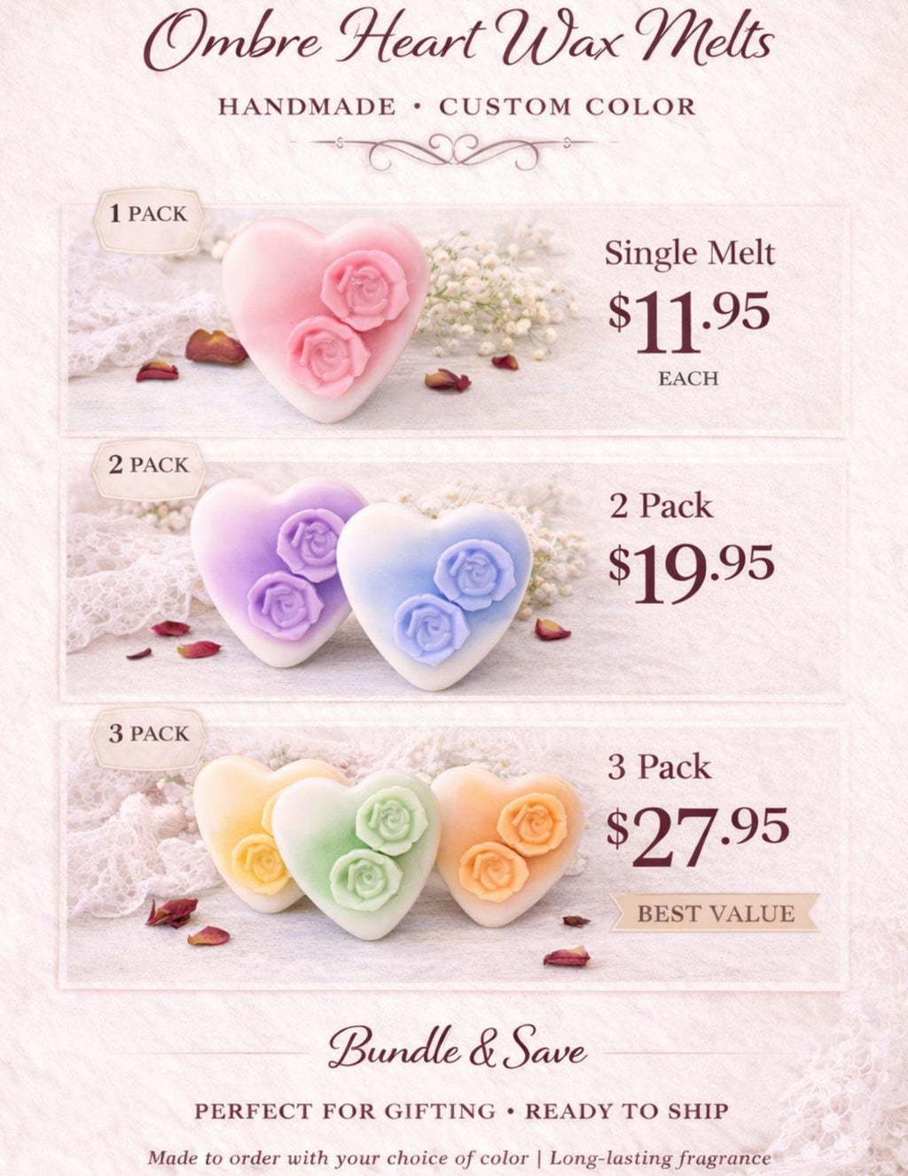 Ombre Heart Candle Warmer Wax Melt Disc, Custom Rose Floral Tart, Wickless Candle Diffuser - Winterberry Hearth