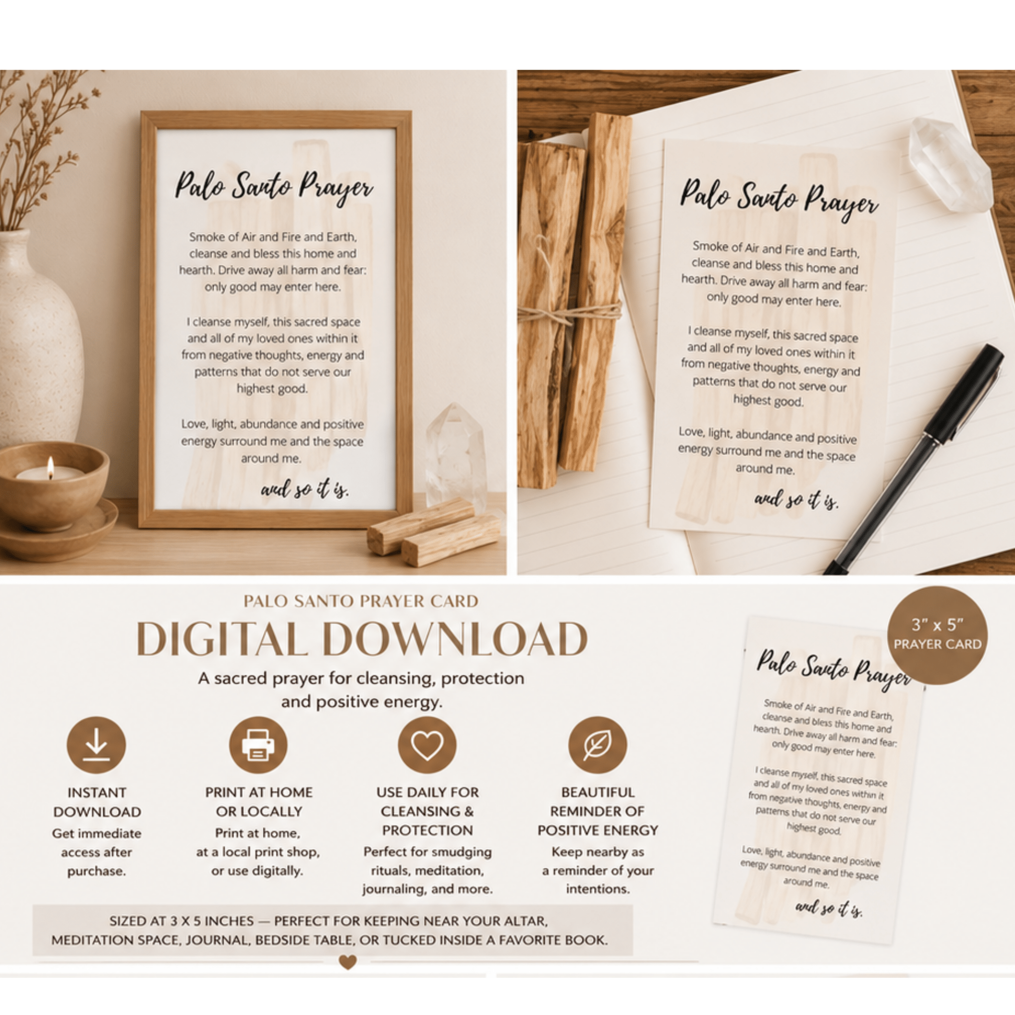 Palo Santo Smudging Prayer Card: Cleansing Ritual Instructions (Digital Card Printable) - Winterberry Hearth