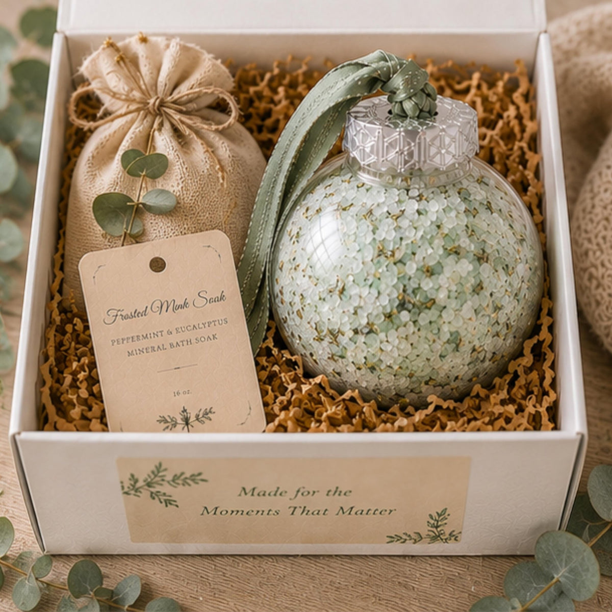Peppermint Snow Globe Bath Salt Soak Ornament, Botanical Mineral Salts, Refreshing Spa Gift - Winterberry Hearth