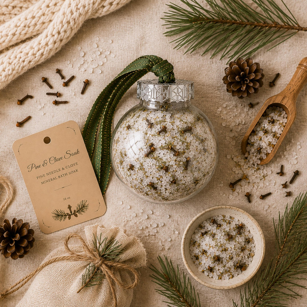 Pine Snow Globe Bath Soak Ornament, Botanical Mineral Salts, Holiday Spa Gift - Winterberry Hearth