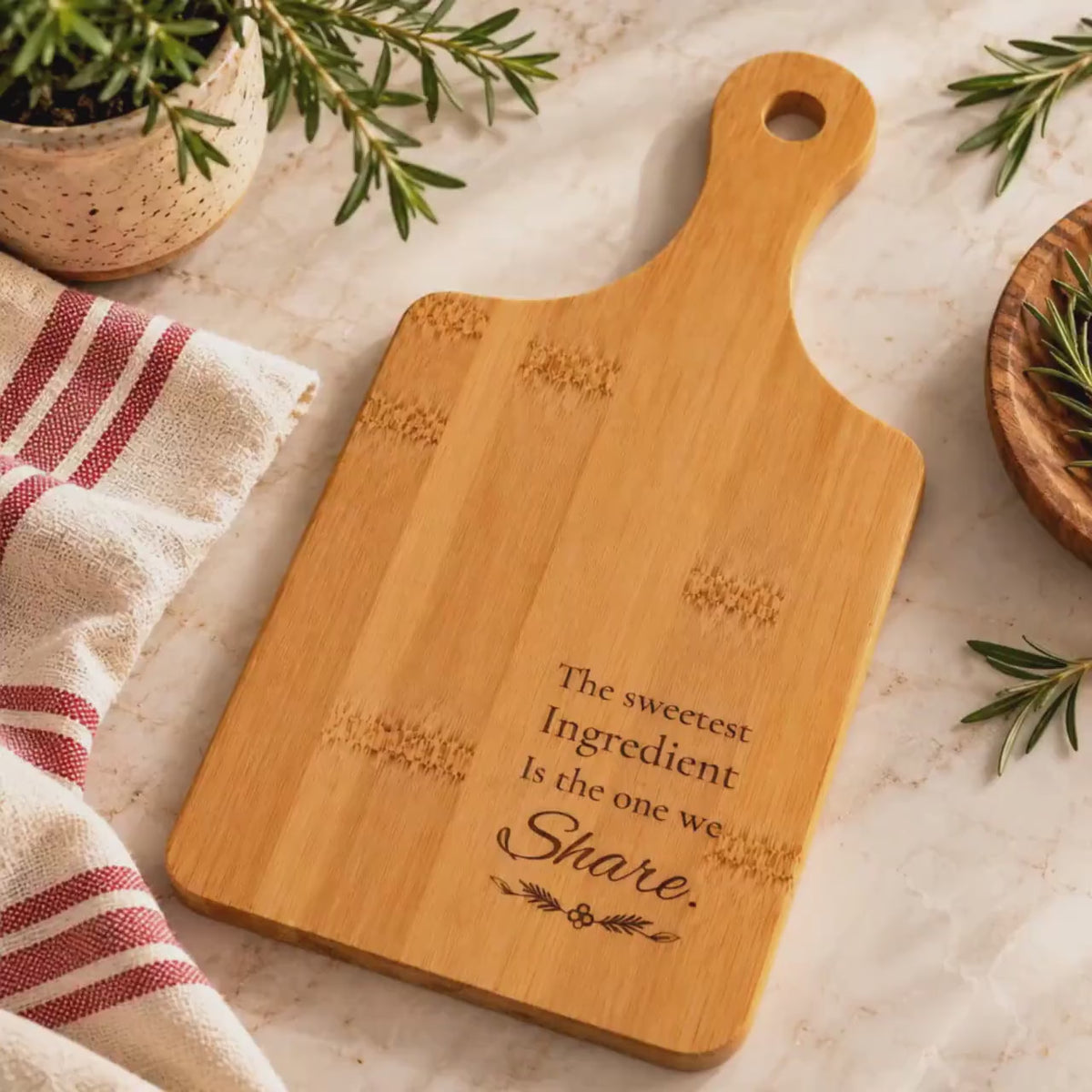 Engraved Bamboo Cutting Board with Handle, Sweet Baking Gift, Friendship Keepsake, Cheese Serving Tray