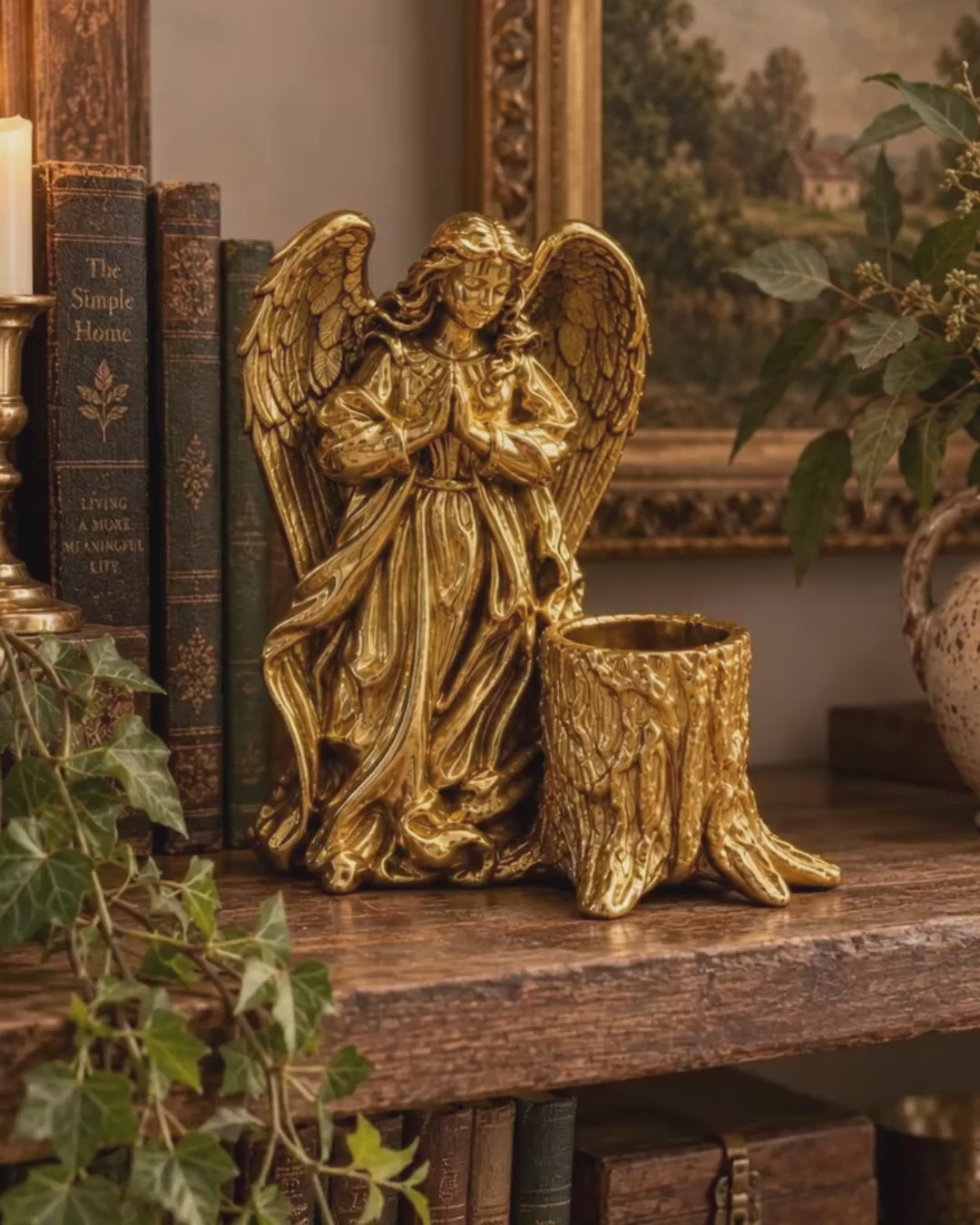 Gold Praying Angel Planter, Christian Home Decor, Small Plant Pot with Drainage, Christmas Gift