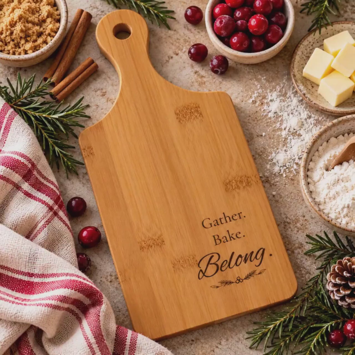 Engraved Bamboo Cutting Board with Handle, Gather Bake Belong, Kitchen Gift, Charcuterie Serving Tray