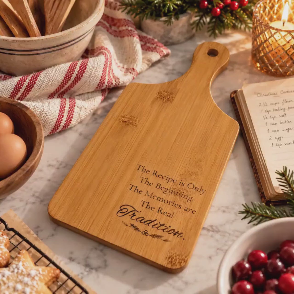 Engraved Bamboo Serving Board with Handle, Wood Family Recipe Keepsake, Wooden Cutting Board