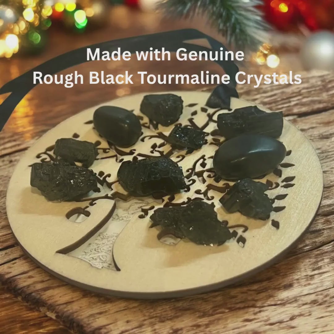 Wood Christmas Ornament: Wooden Tree of Life with Black Tourmaline Crystals