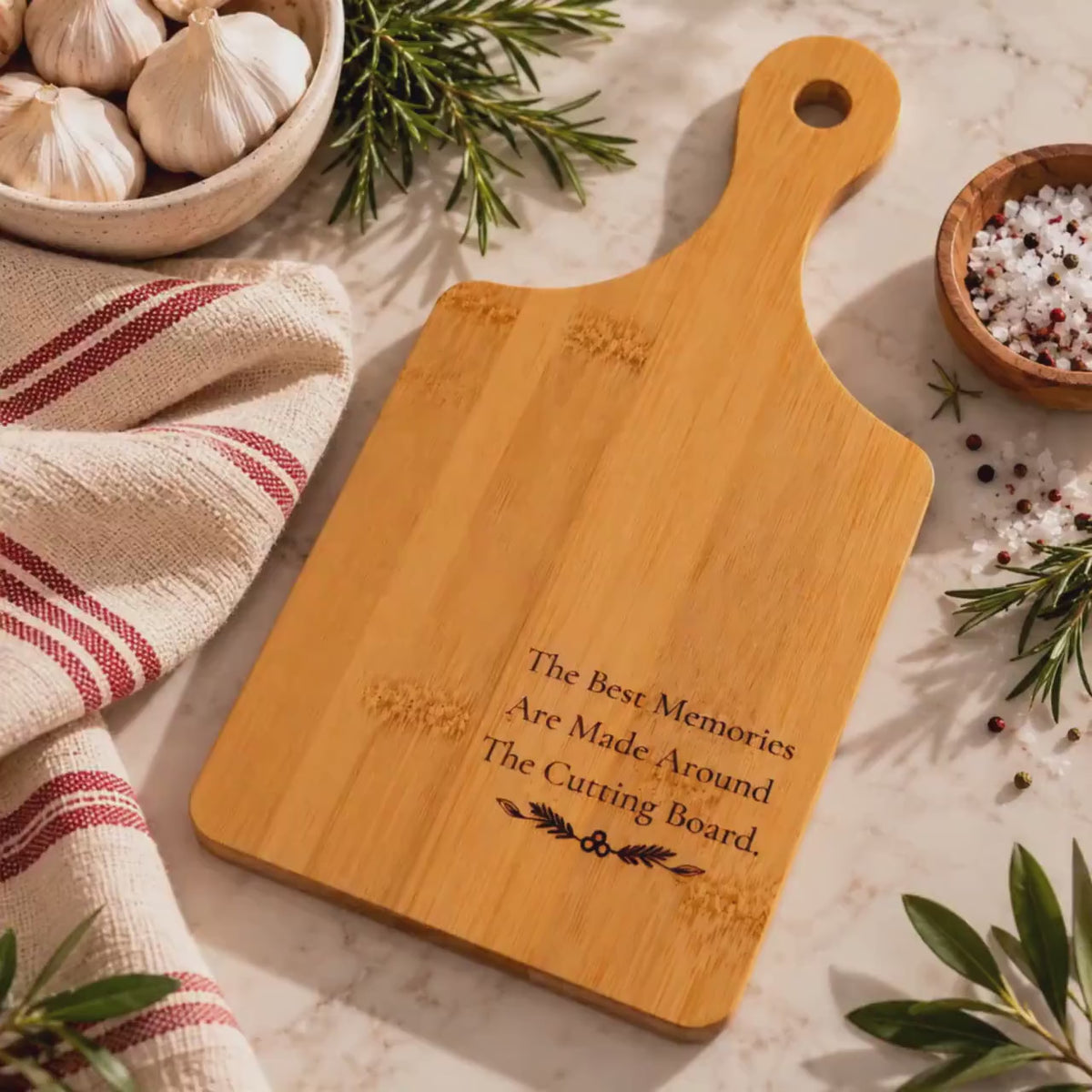 Engraved Bamboo Cutting Board with Handle, Wooden Family Cooking Gift, Kitchen Memories Keepsake
