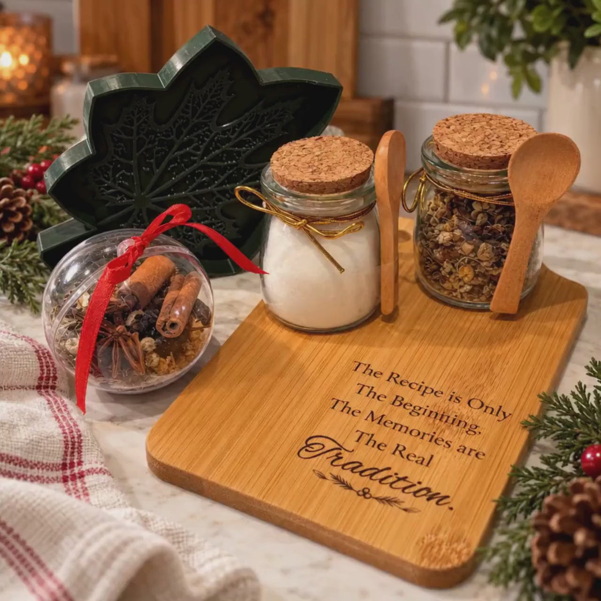Cozy Kitchen Gift Set with Engraved Bread Board, Herbal Tea & Simmer Pot Ornament