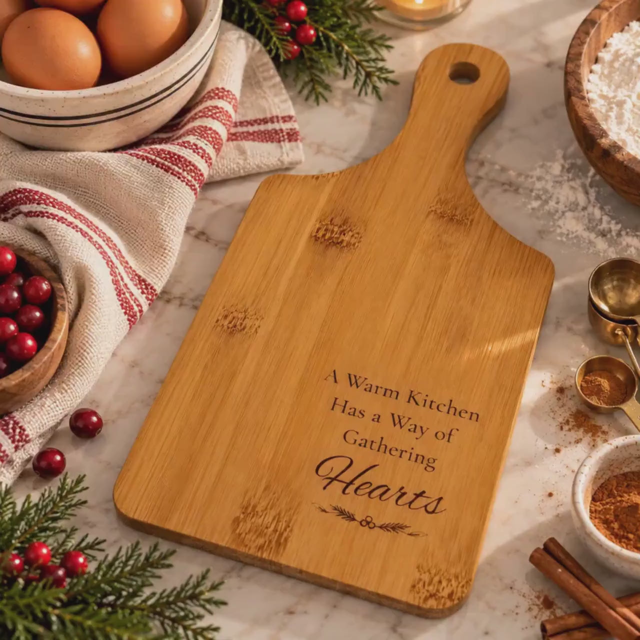 Engraved Bamboo Cutting Board with Handle, Cozy Kitchen Gift, Wooden Farmhouse Serving Tray