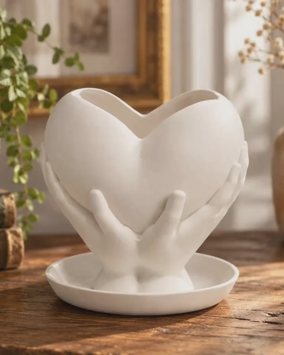 Small White Heart Plant Pot, Hands Holding Heart Planter, 3D Printed Keepsake Holder Gift