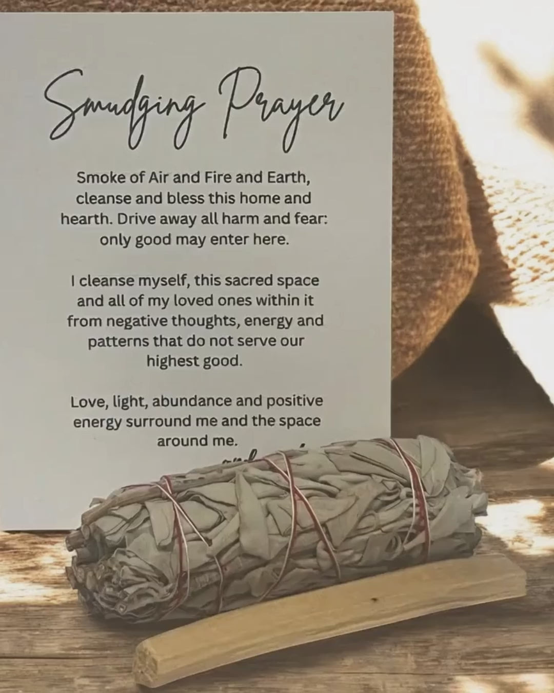 Smudging Prayer Card with Sage and Palo Santo, Spiritual Cleansing Ritual Kit for Meditation
