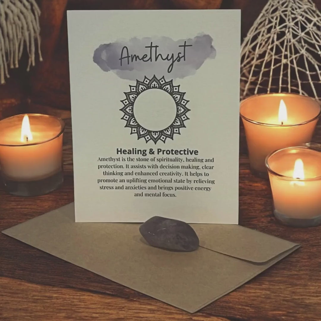 Amethyst Crystal with Meaning Card with Tumbled Stone: Healing Meditation Gift