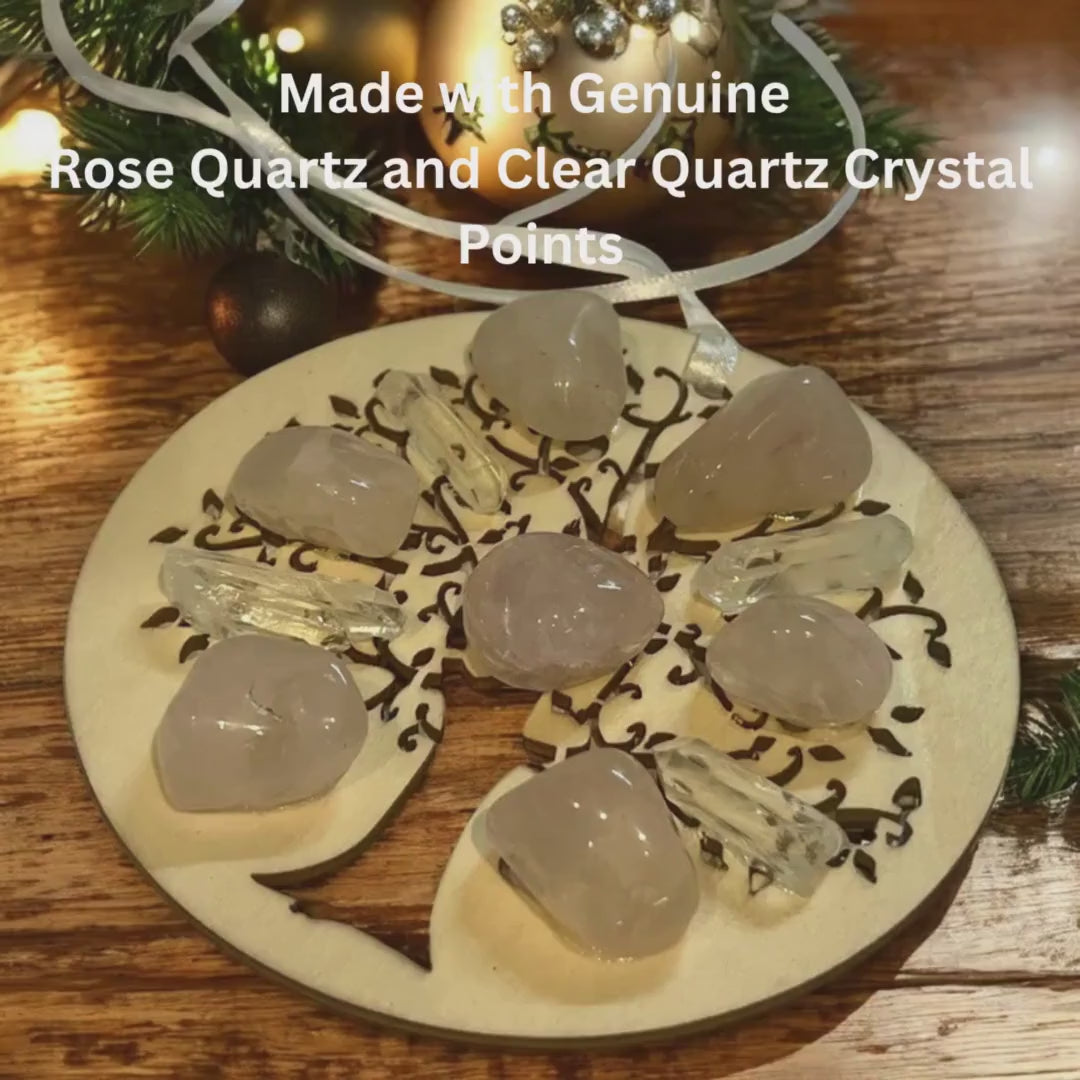 Rose Quartz Tree of Life Christmas Ornament: Engraved Wood Zen Gift