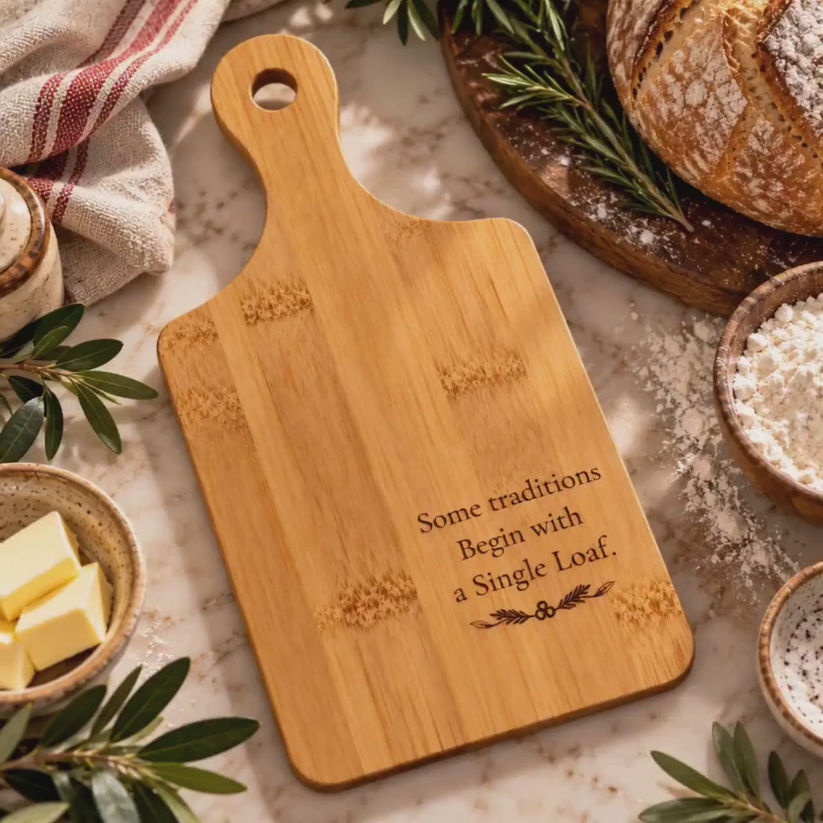 Engraved Bamboo Bread Board with Handle, Rustic Loaf Serving Tray, Wood Cheese Board