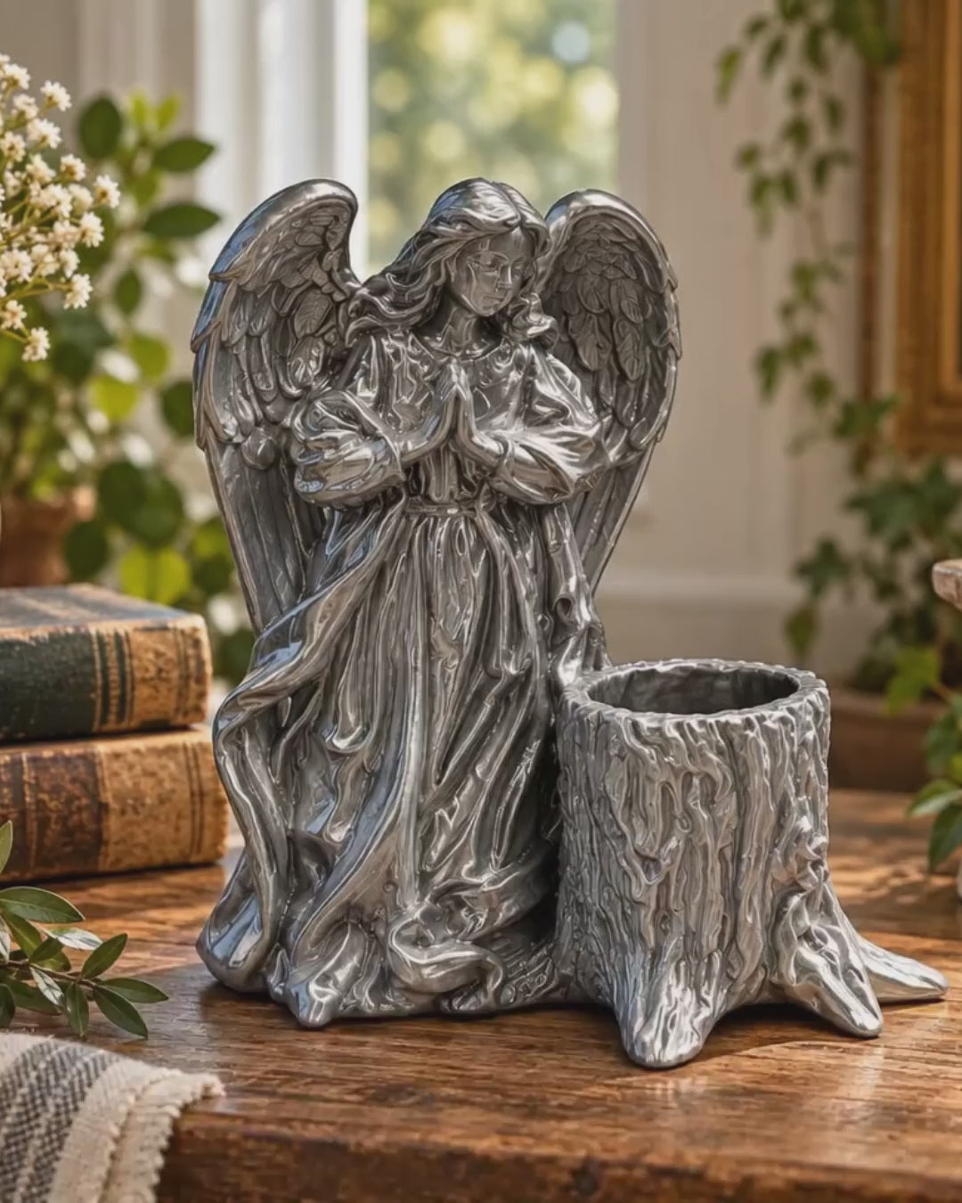Silver Angel Keepsake Holder, Praying Angel Planter with Drainage, Remembrance Gift, Angel Home Decor