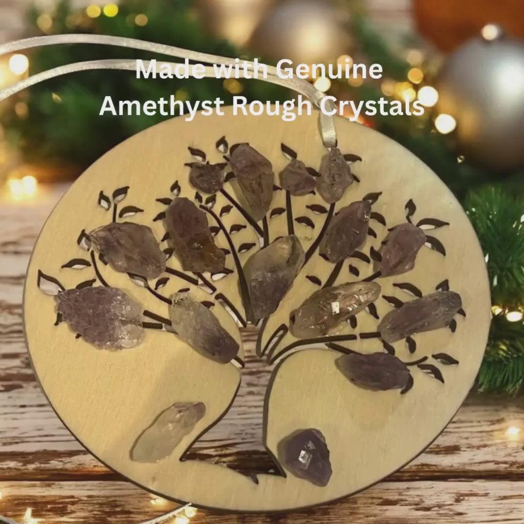 Amethyst Christmas Ornament: Wood Engraved Sacred Tree of Life