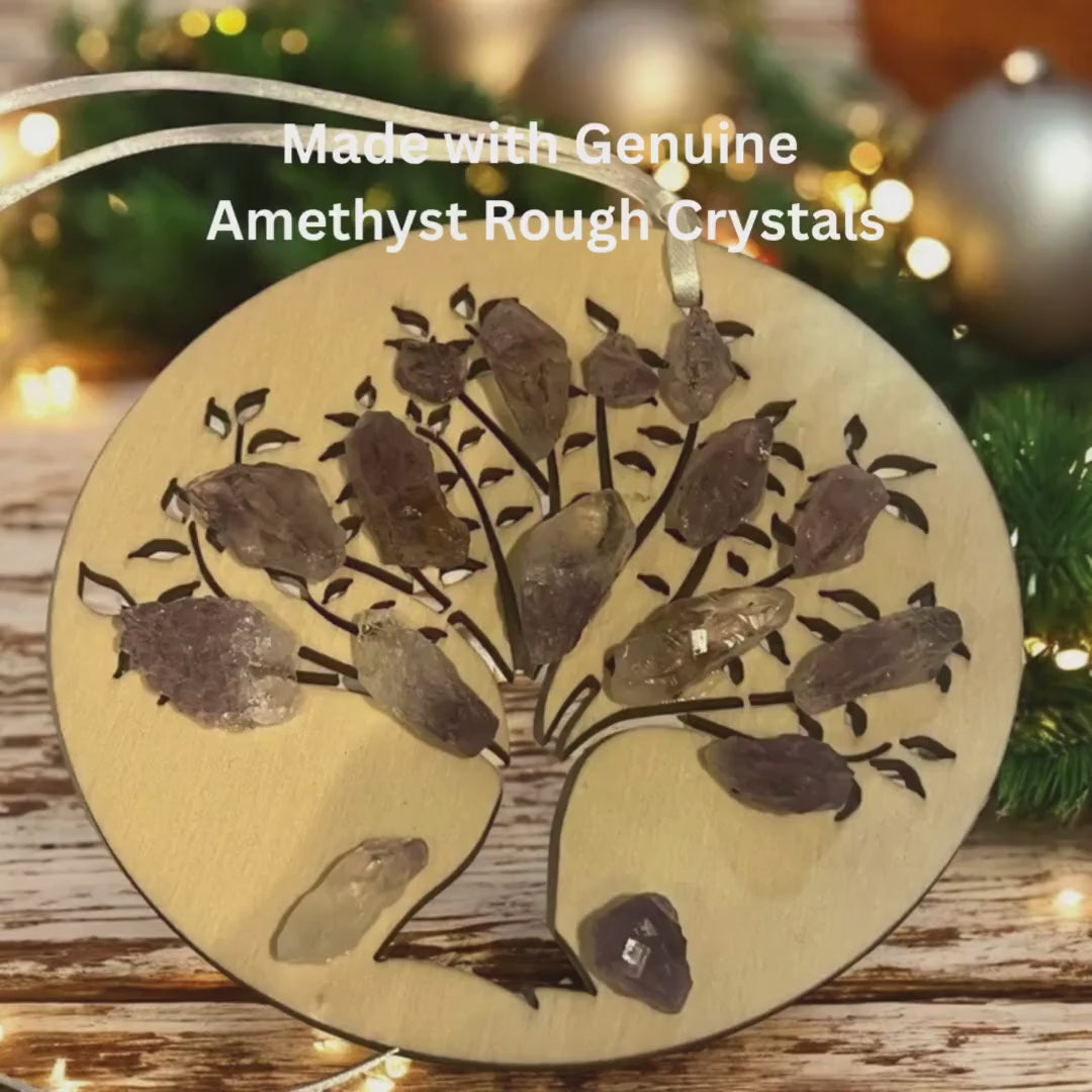 Amethyst Christmas Ornament: Wood Engraved Sacred Tree of Life