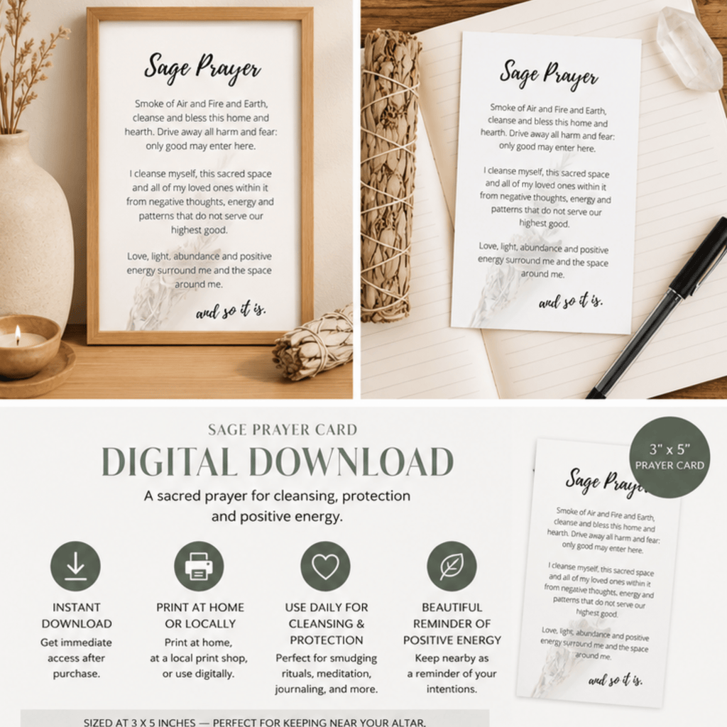 Printable Sage Smudge Prayer Card: Cleansing Ritual (Digital Download) - Winterberry Hearth