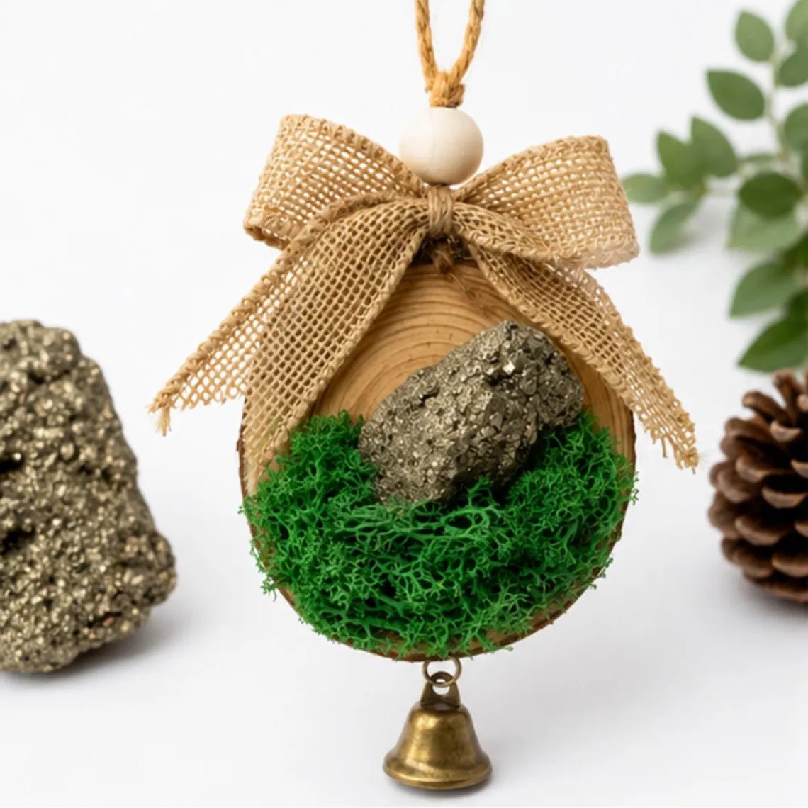 Pyrite Crystal Christmas Ornament, Fools Gold Wood Cottagecore Decor - Winterberry Hearth