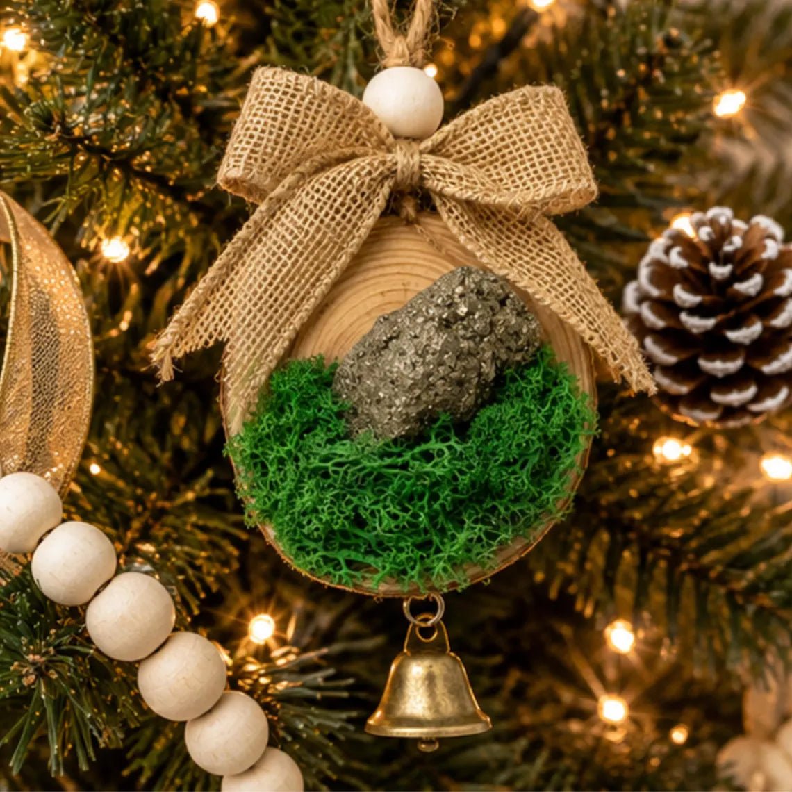 Pyrite Crystal Christmas Ornament, Fools Gold Wood Cottagecore Decor - Winterberry Hearth