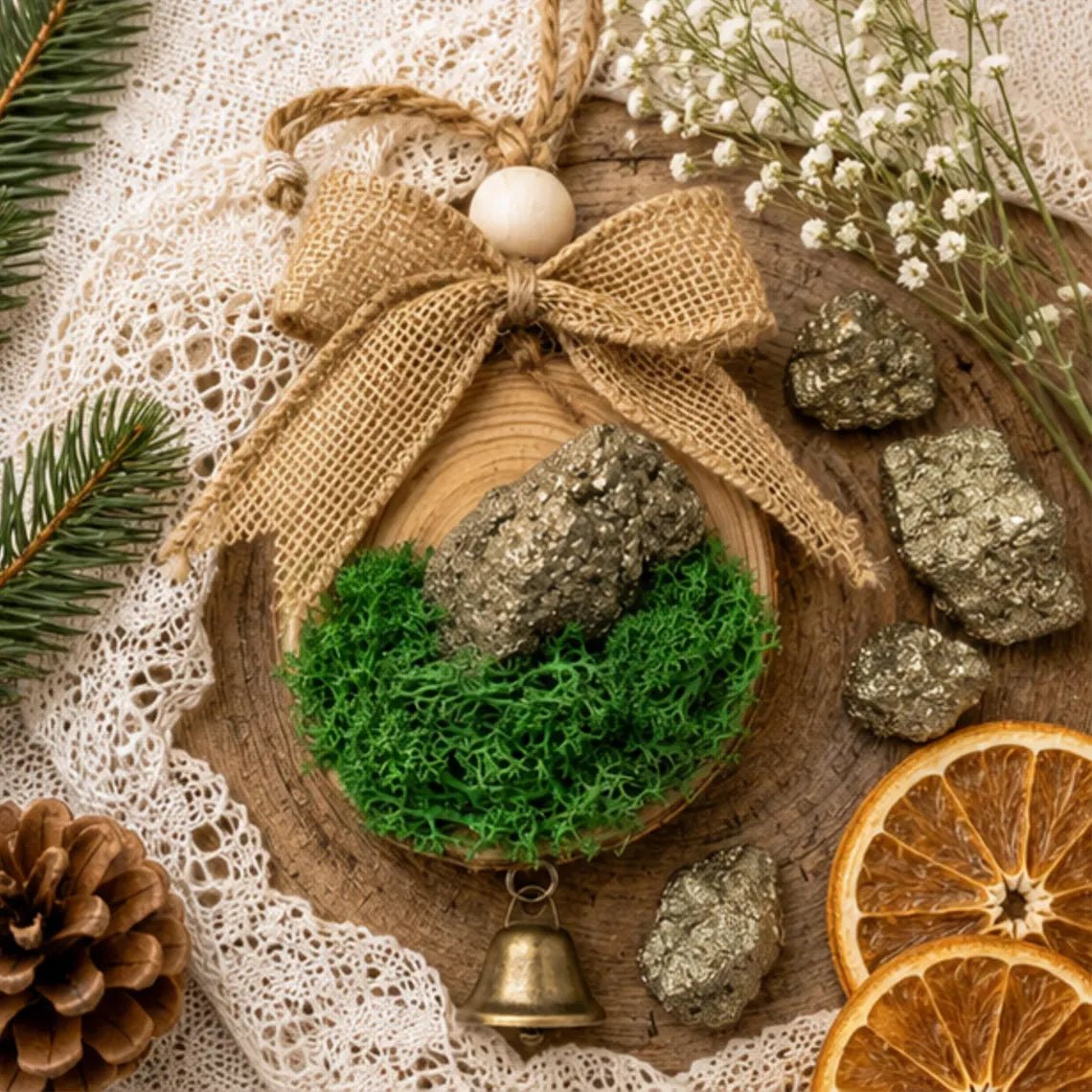 Pyrite Crystal Christmas Ornament, Fools Gold Wood Cottagecore Decor - Winterberry Hearth