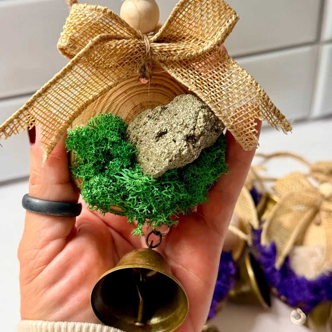 Pyrite Crystal Christmas Ornament, Fools Gold Wood Cottagecore Decor - Winterberry Hearth