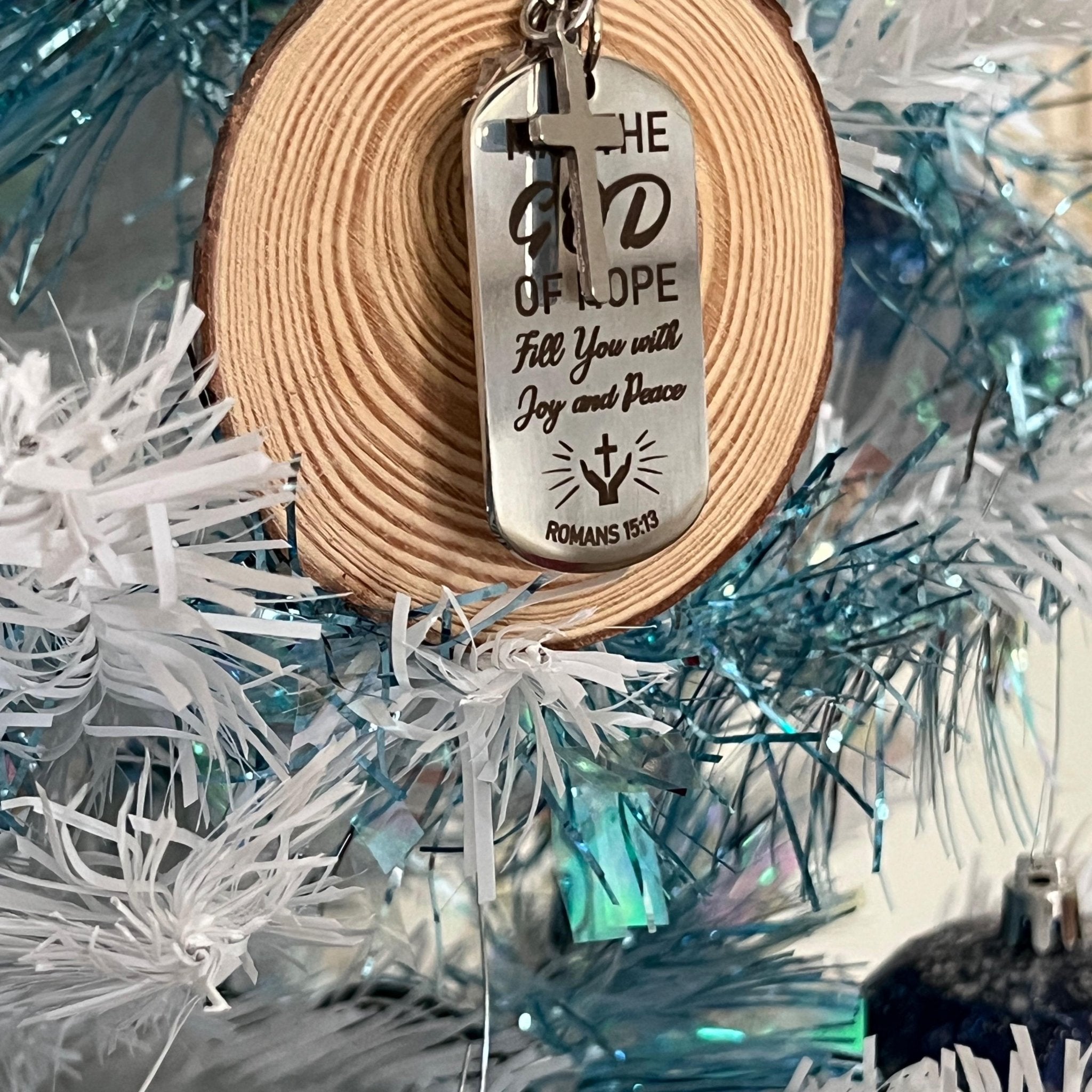 Romans 15:13 Christmas Ornament, Wood Slice Decor, Christian Gift of Faith and Hope - Winterberry Hearth