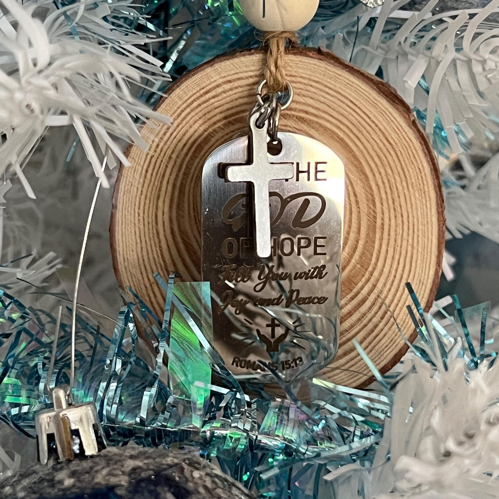 Romans 15:13 Christmas Ornament, Wood Slice Decor, Christian Gift of Faith and Hope - Winterberry Hearth