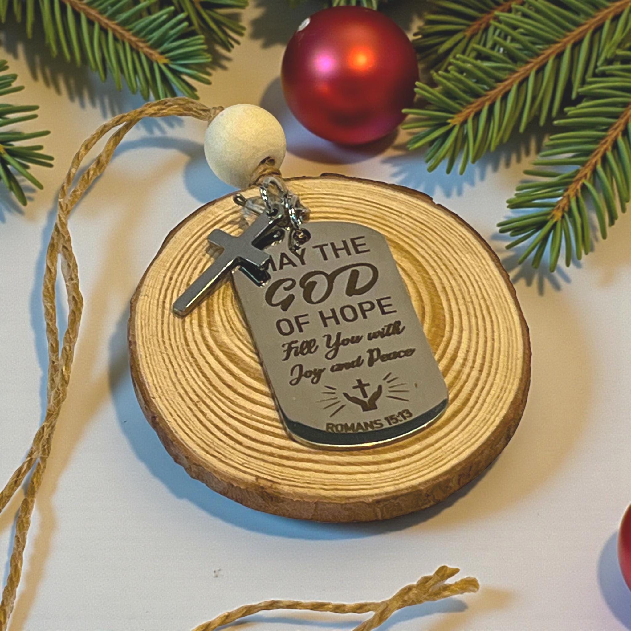 Romans 15:13 Christmas Ornament, Wood Slice Decor, Christian Gift of Faith and Hope - Winterberry Hearth