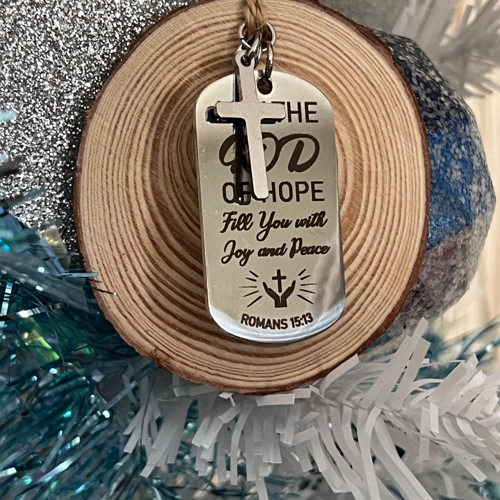 Romans 15:13 Christmas Ornament, Wood Slice Decor, Christian Gift of Faith and Hope - Winterberry Hearth