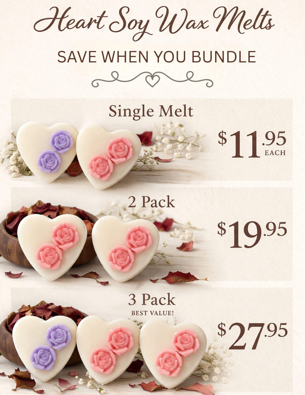 Rose Heart Soy Wax Melt Candle Disc, Floral Wickless Candle Home Fragrance, Cottagecore Favor - Winterberry Hearth