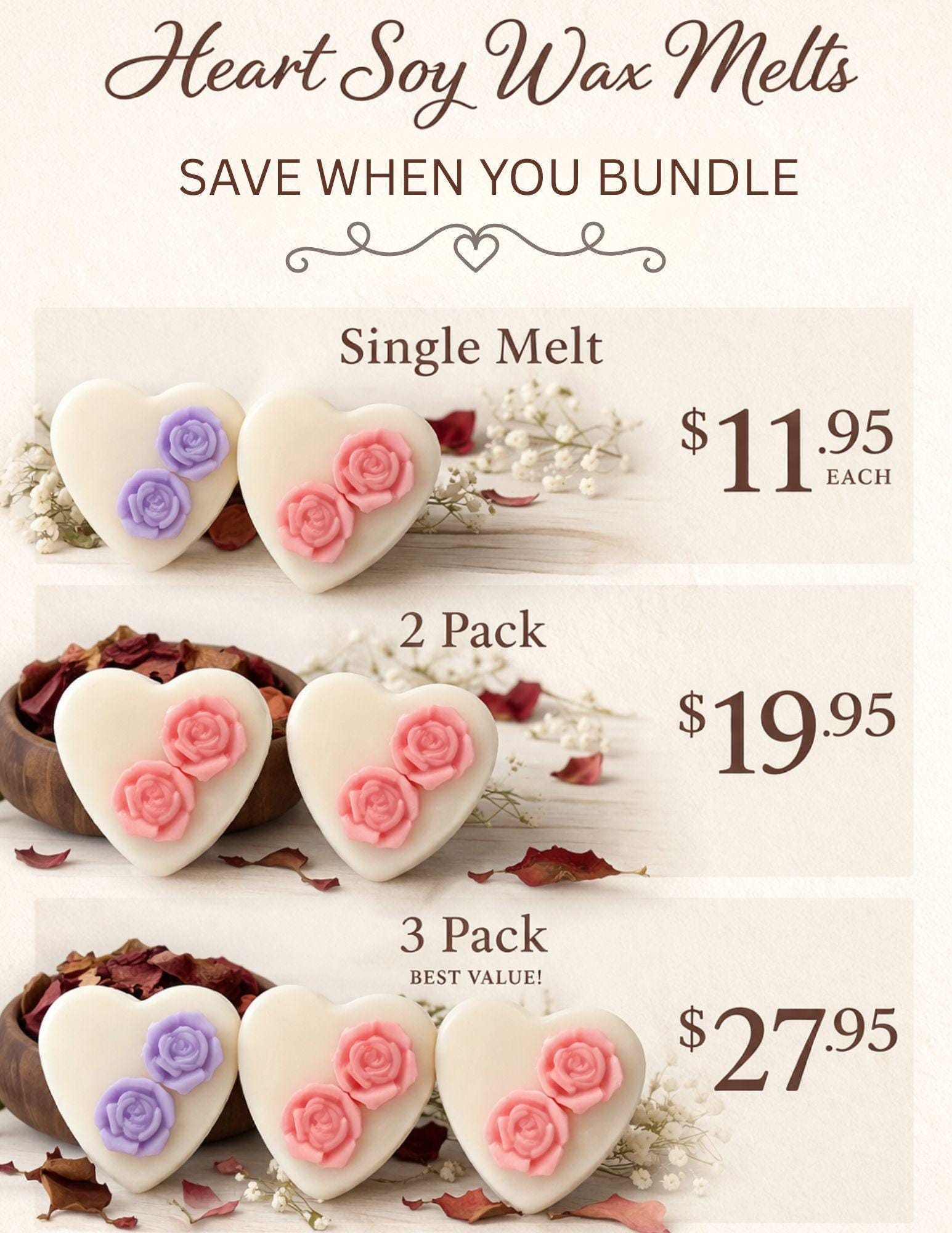 Rose Heart Soy Wax Melt Candle Disc, Floral Wickless Candle Home Fragrance, Cottagecore Favor - Winterberry Hearth