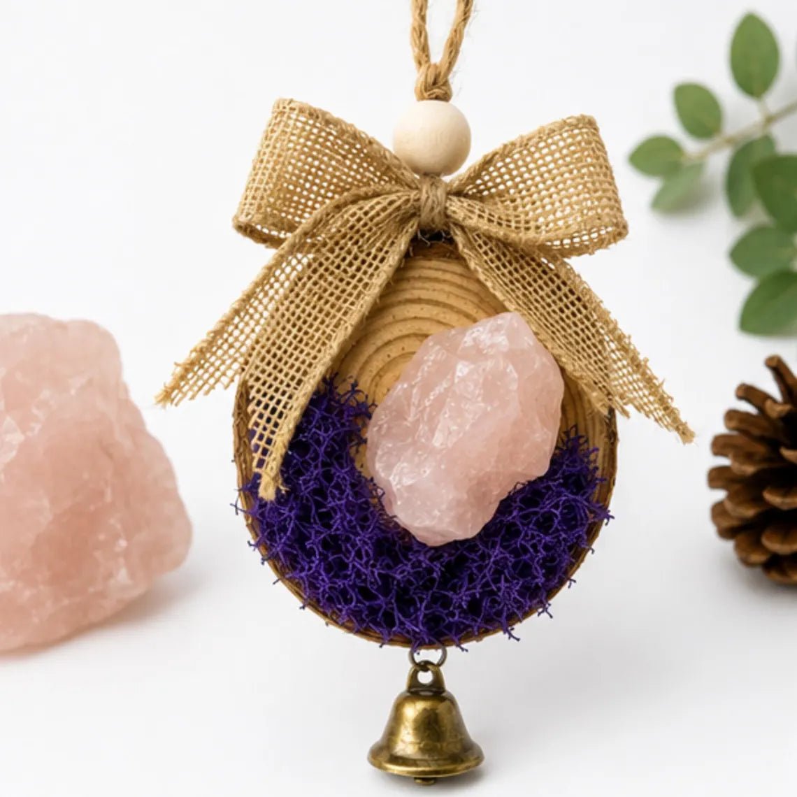 Rose Quartz Crystal Ornament, Christmas Bell Holiday Tree Hanging - Winterberry Hearth