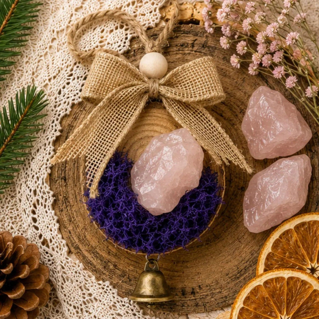 Rose Quartz Crystal Ornament, Christmas Bell Holiday Tree Hanging - Winterberry Hearth