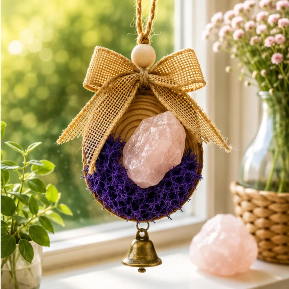 Rose Quartz Crystal Ornament, Christmas Bell Holiday Tree Hanging - Winterberry Hearth