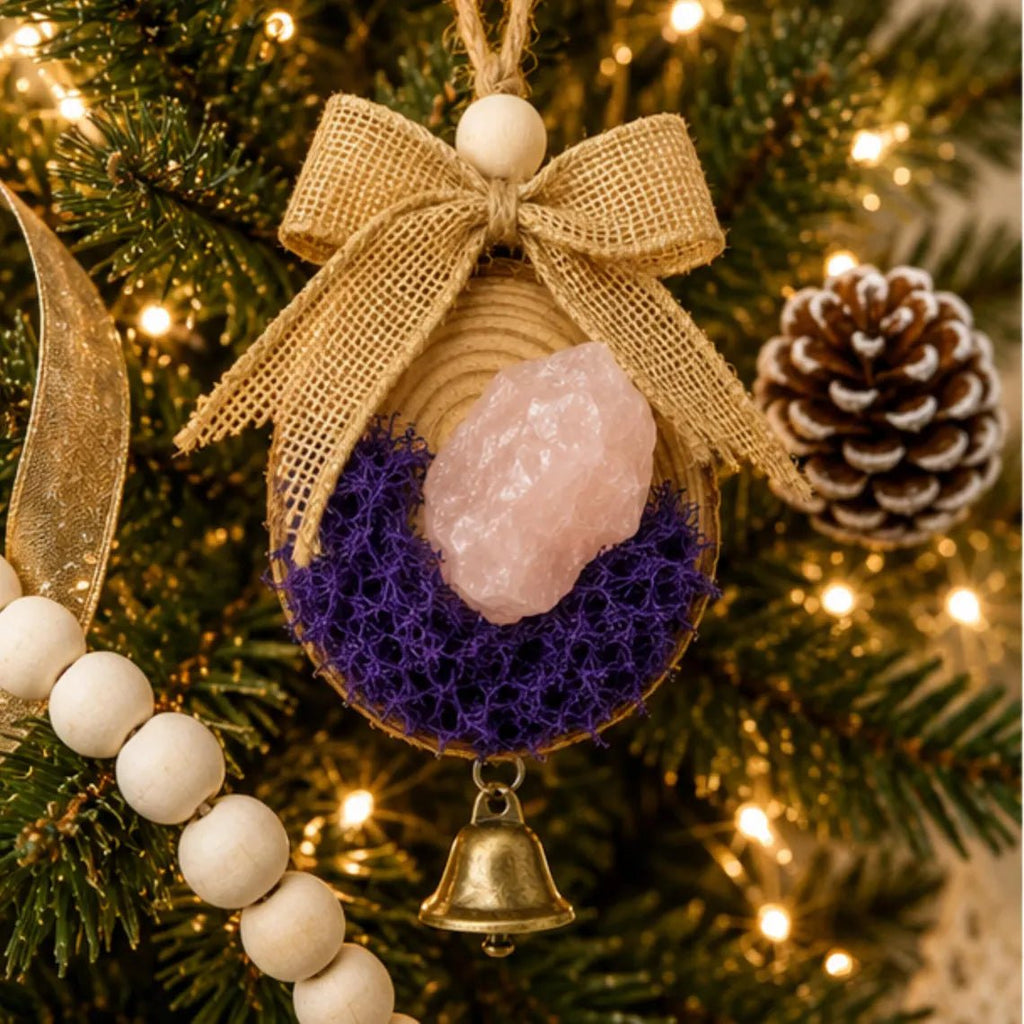 Rose Quartz Crystal Ornament, Christmas Bell Holiday Tree Hanging - Winterberry Hearth