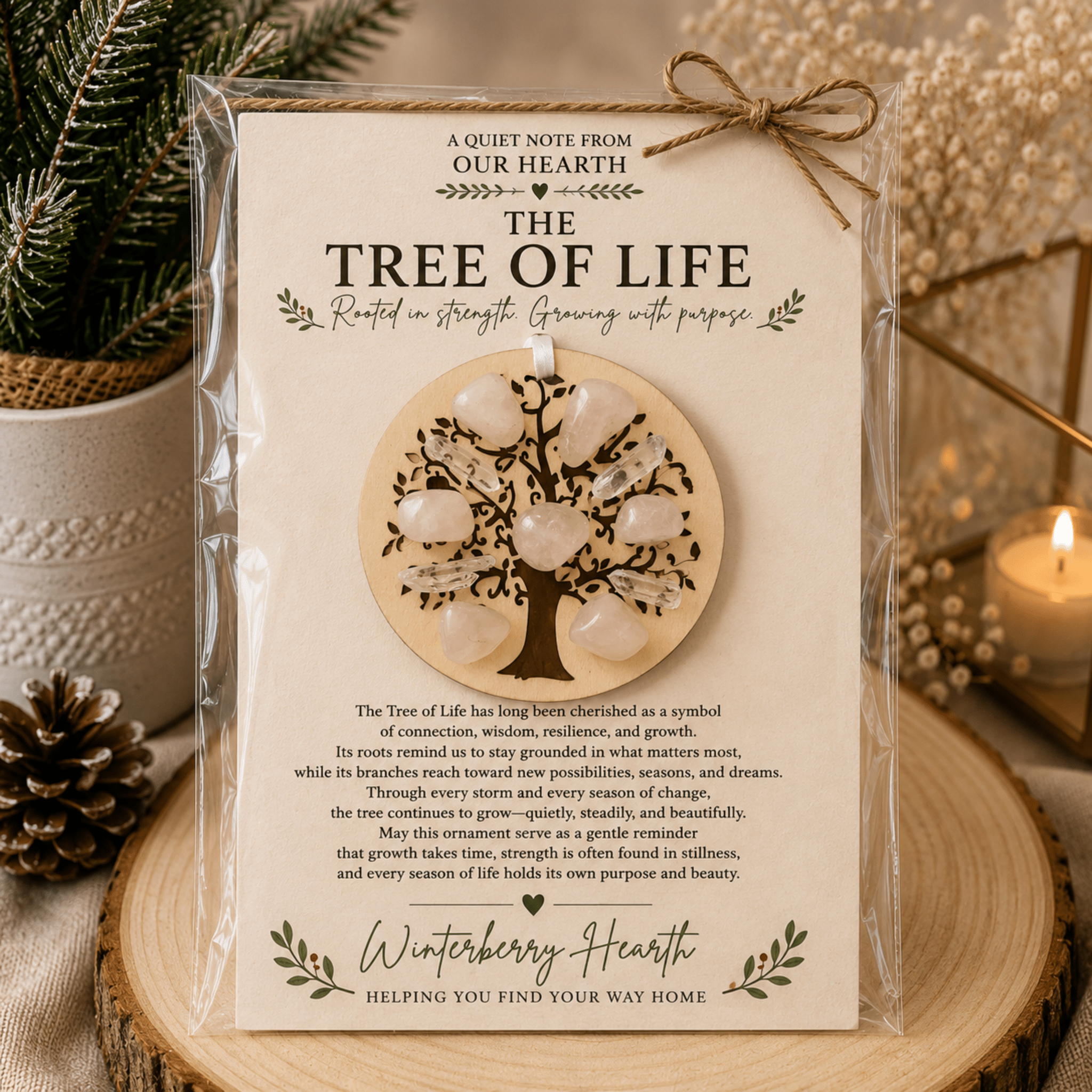 Rose Quartz Crystal Tree of Life Christmas Ornament, Wood Holiday Gift - Winterberry Hearth