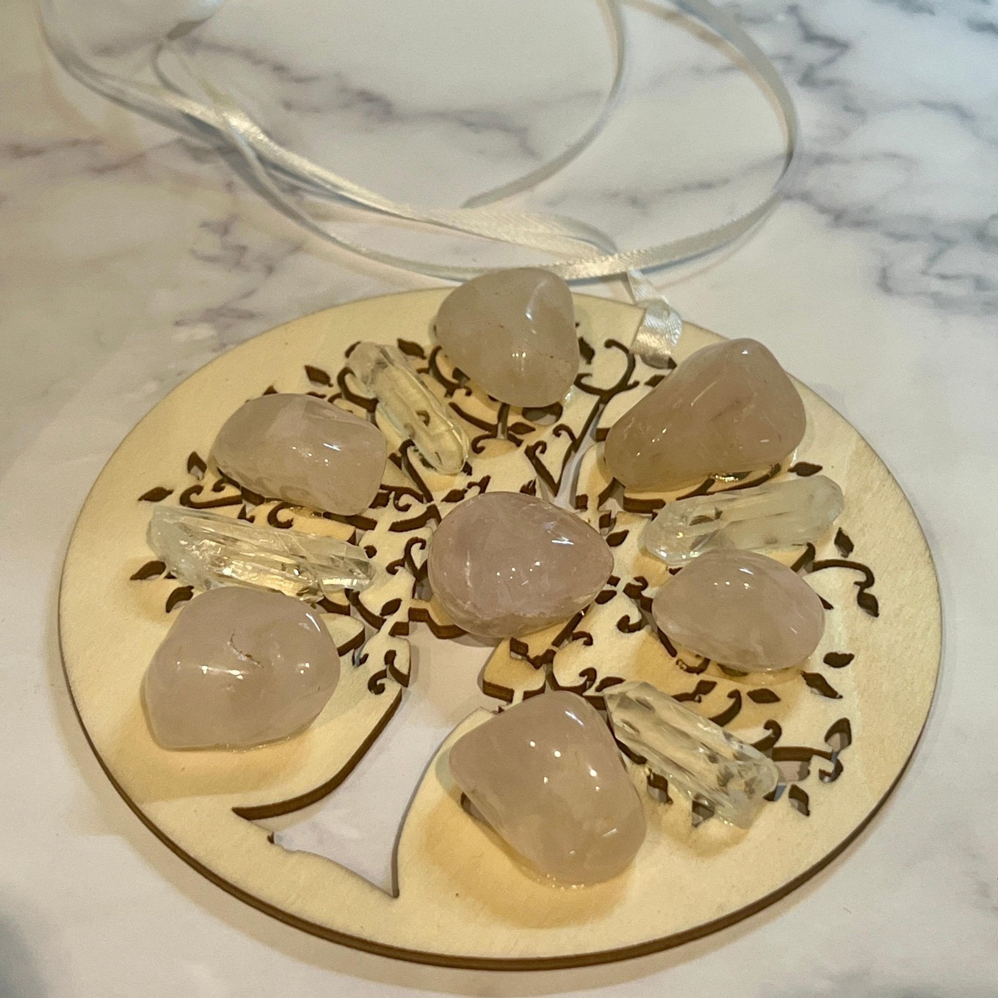 Rose Quartz Tree of Life Christmas Ornament: Engraved Wood Zen Gift - Winterberry Hearth