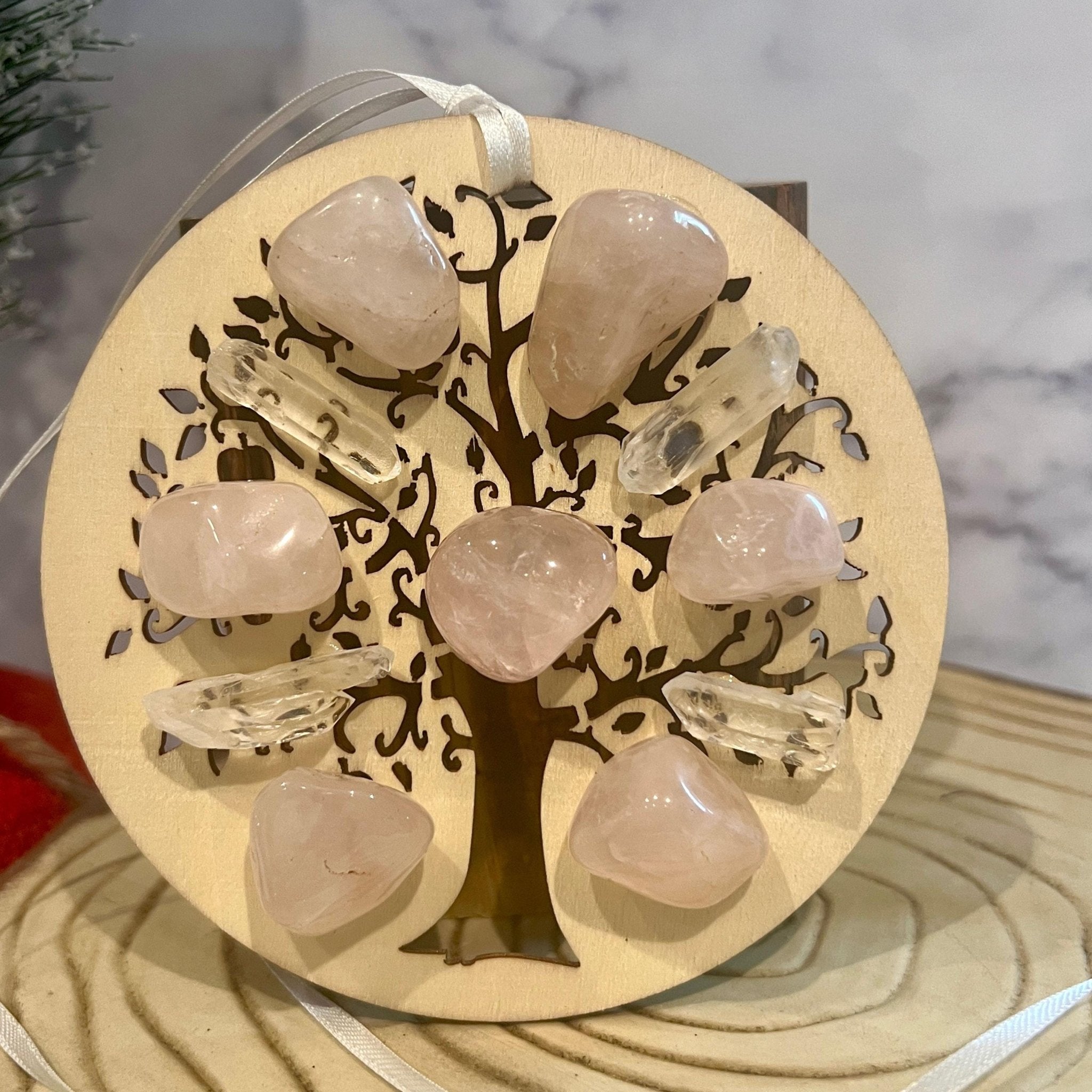 Rose Quartz Tree of Life Christmas Ornament: Engraved Wood Zen Gift - Winterberry Hearth