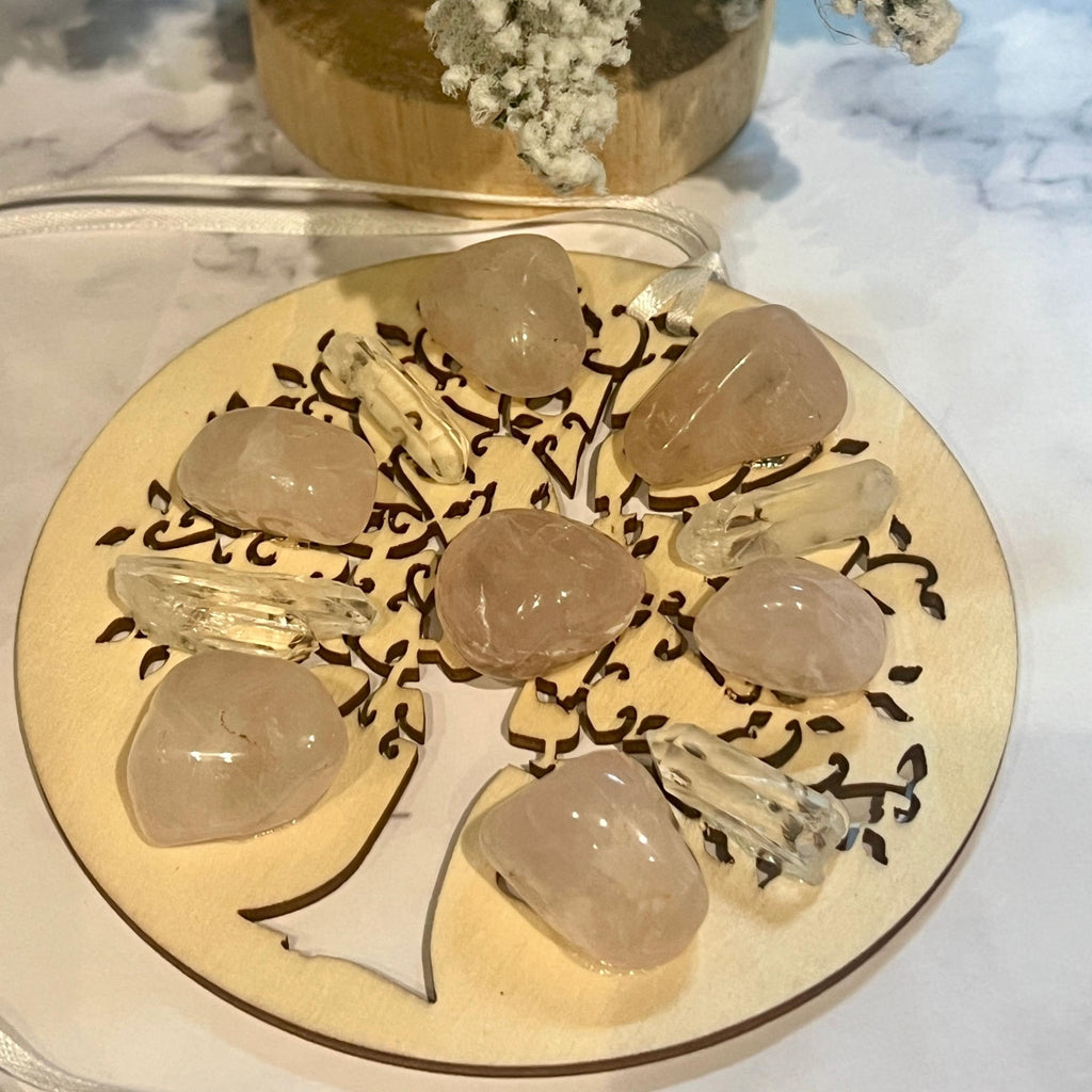 Rose Quartz Tree of Life Christmas Ornament: Engraved Wood Zen Gift - Winterberry Hearth