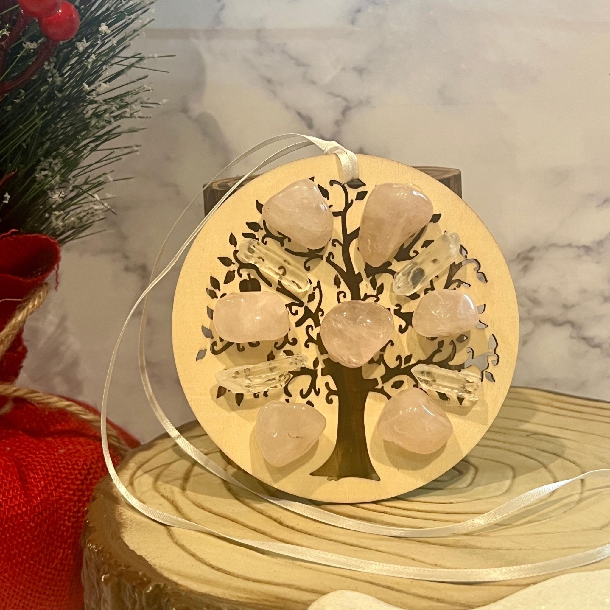Rose Quartz Tree of Life Christmas Ornament: Engraved Wood Zen Gift - Winterberry Hearth