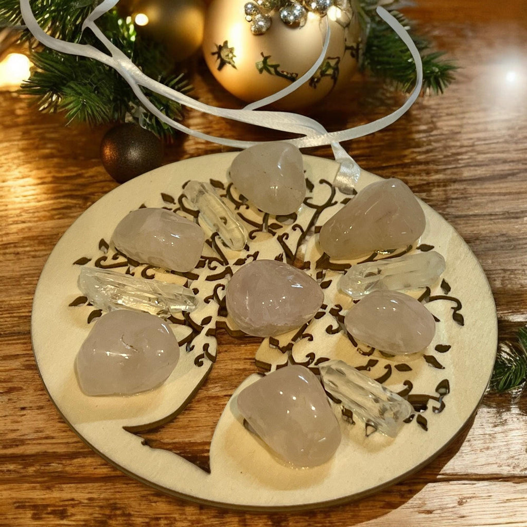 Rose Quartz Tree of Life Christmas Ornament: Engraved Wood Zen Gift - Winterberry Hearth