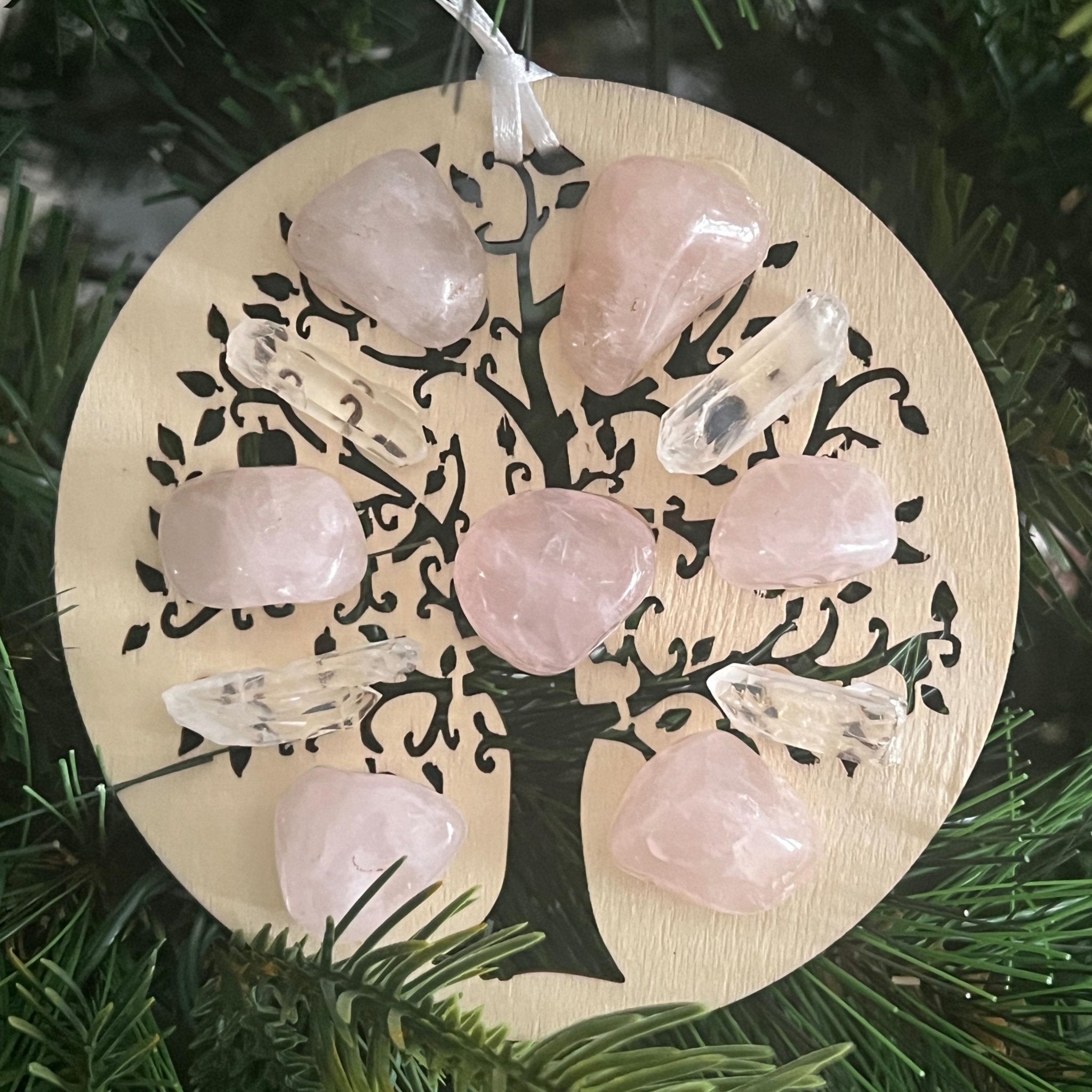 Rose Quartz Tree of Life Christmas Ornament: Engraved Wood Zen Gift - Winterberry Hearth