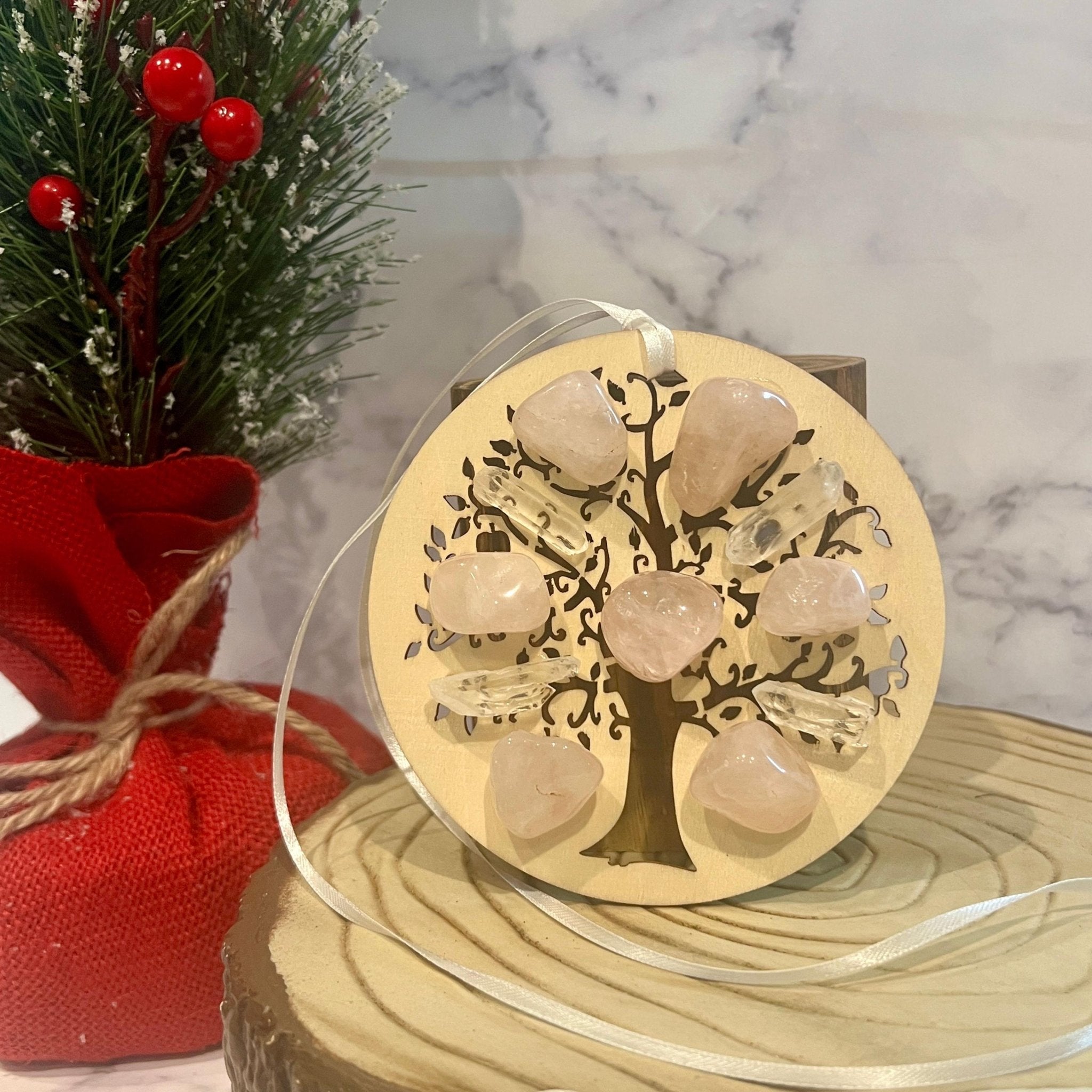 Rose Quartz Tree of Life Christmas Ornament: Engraved Wood Zen Gift - Winterberry Hearth