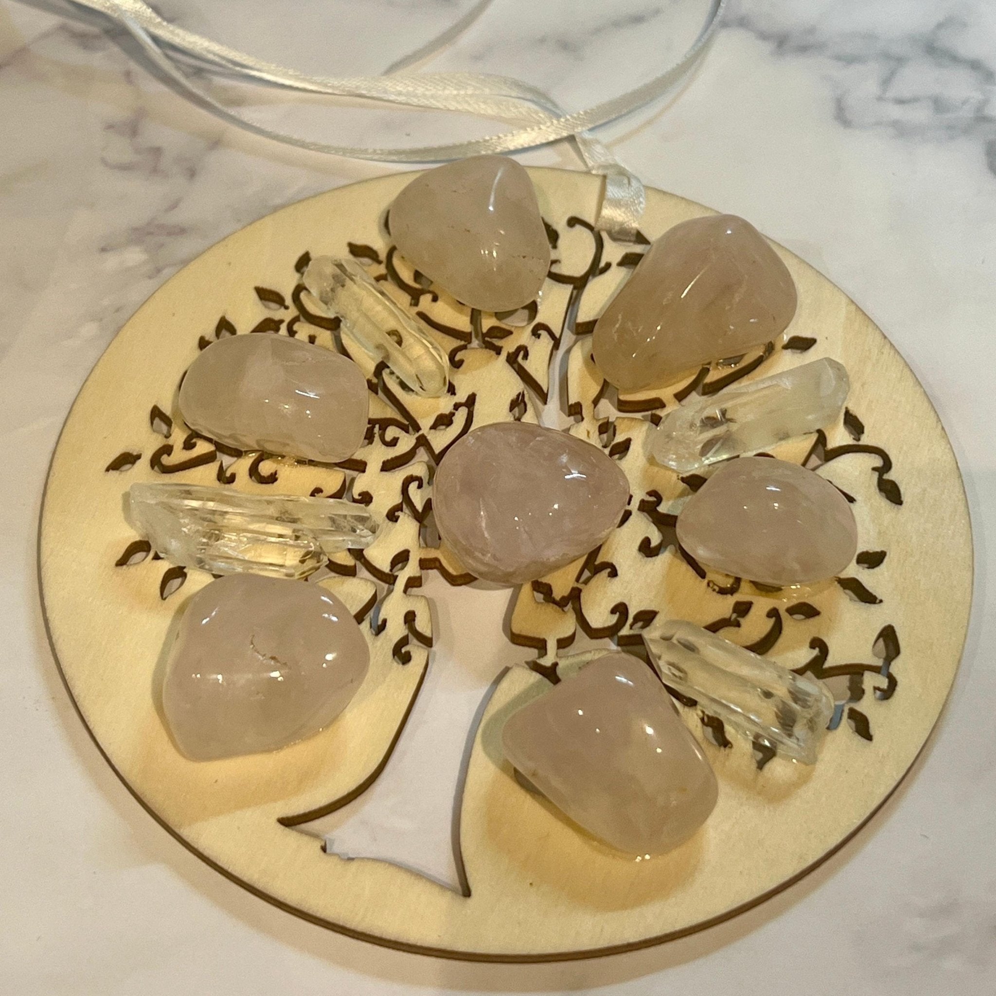 Rose Quartz Tree of Life Christmas Ornament: Engraved Wood Zen Gift - Winterberry Hearth