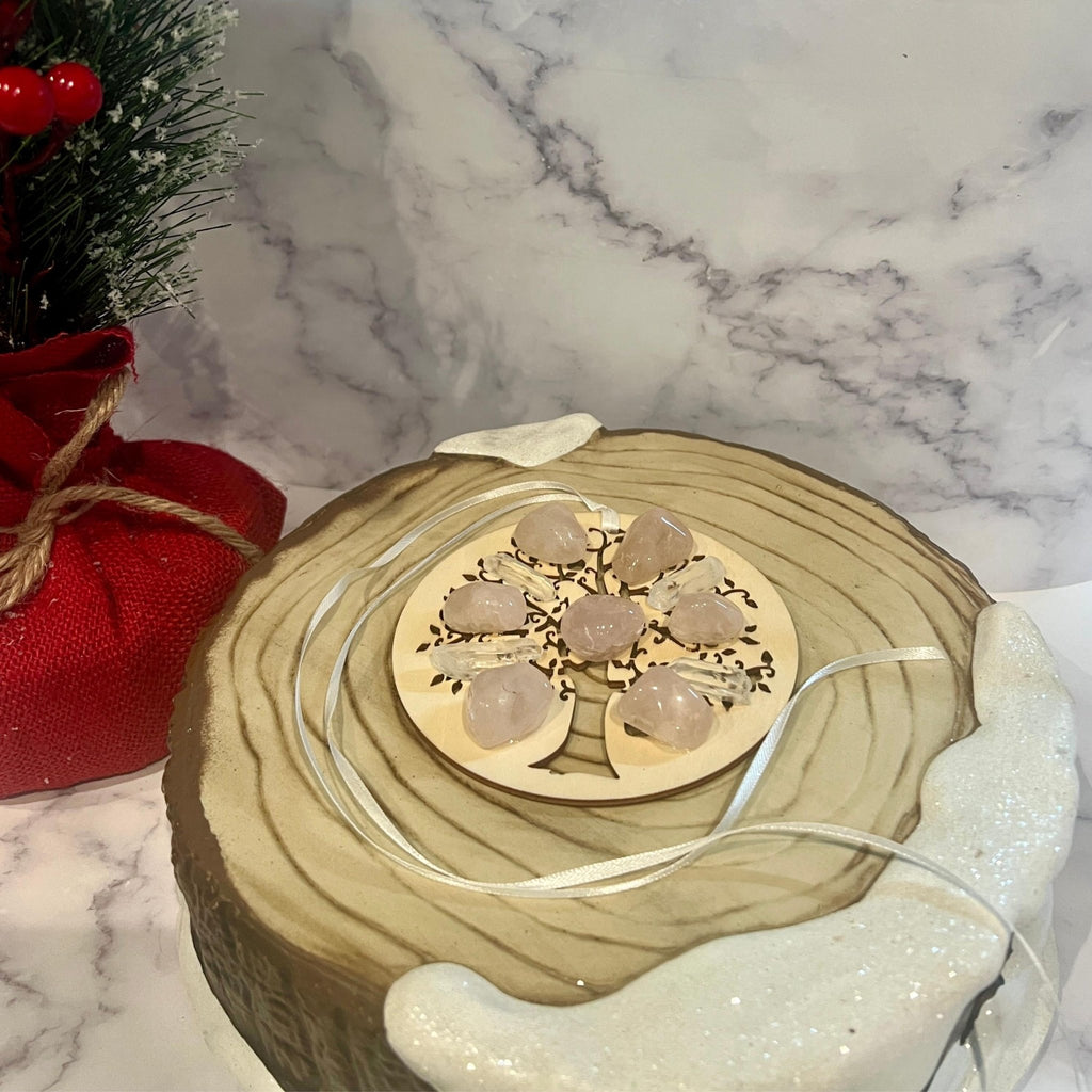 Rose Quartz Tree of Life Christmas Ornament: Engraved Wood Zen Gift - Winterberry Hearth