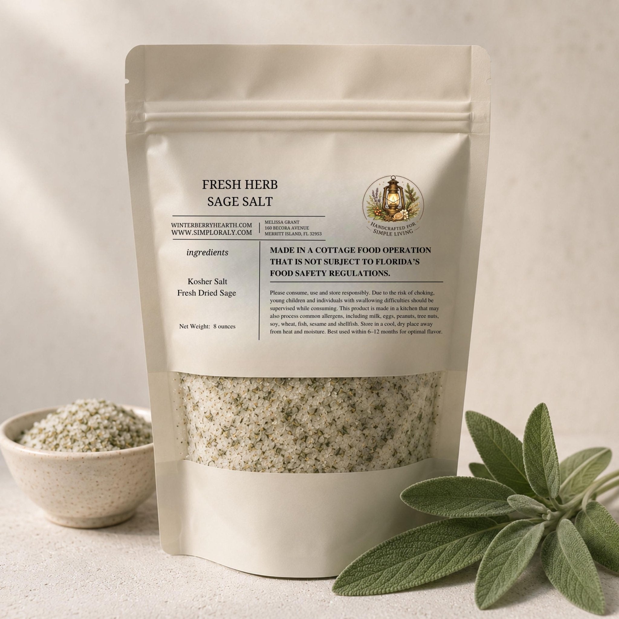 Sage Salt, Gourmet Herb Savory Seasoning, Finishing Salt for Turkey, Potatoes, Autumn Cooking - Winterberry Hearth