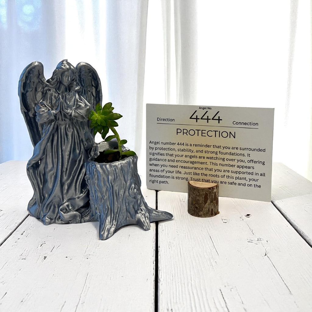 Silver Angel 444 Succulent Planter with Sedum Adolphi, Spiritual Protection and Guidance Gift - Winterberry Hearth