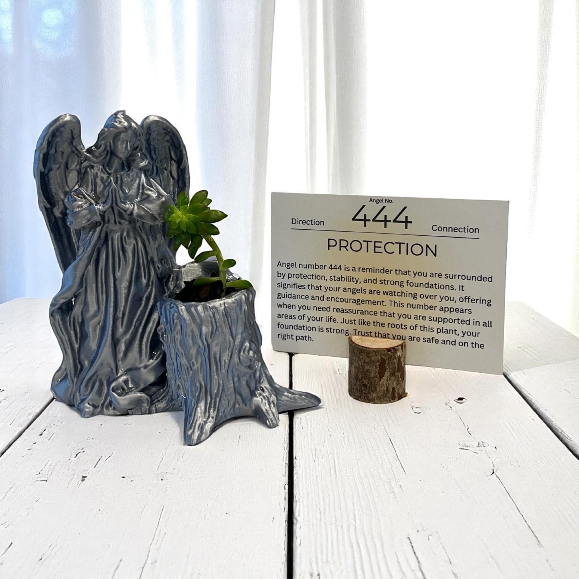 Silver Angel 444 Succulent Planter with Sedum Adolphi, Spiritual Protection and Guidance Gift - Winterberry Hearth