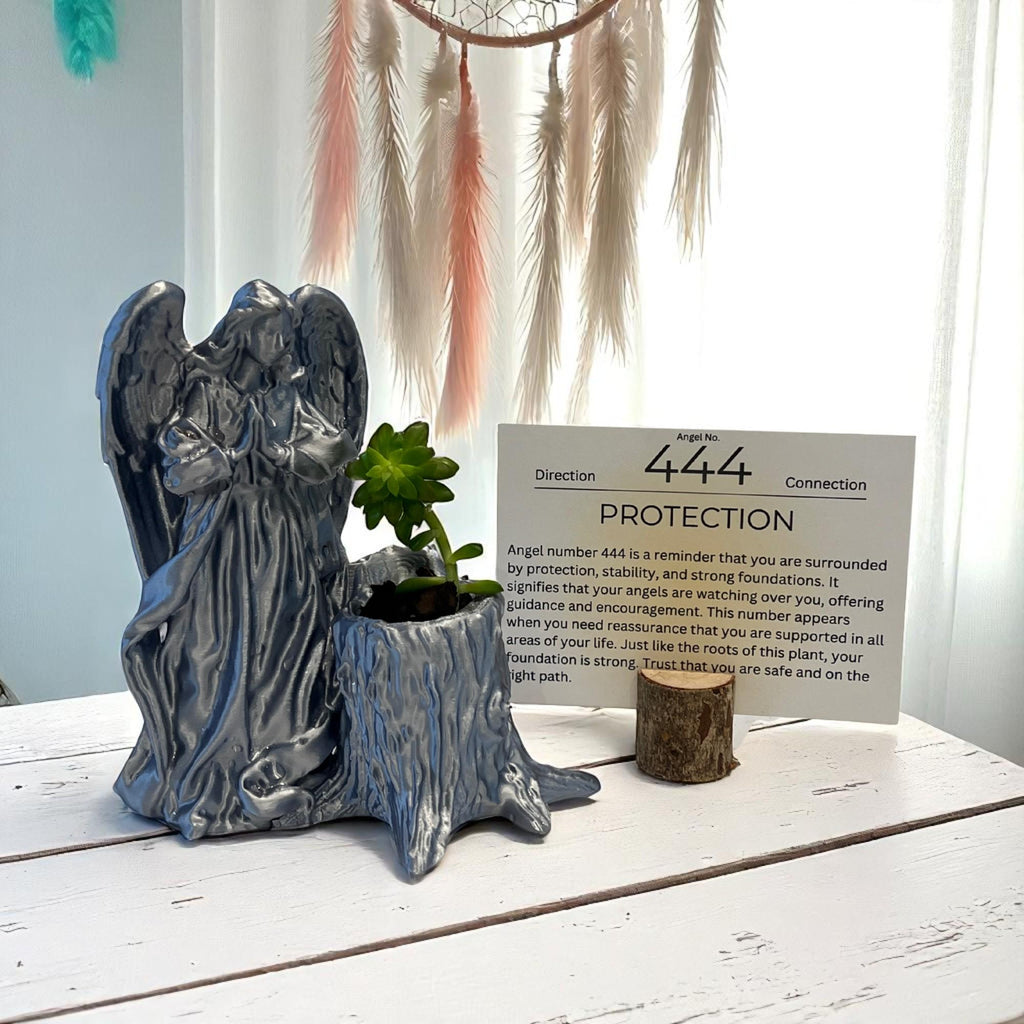 Silver Angel 444 Succulent Planter with Sedum Adolphi, Spiritual Protection and Guidance Gift - Winterberry Hearth