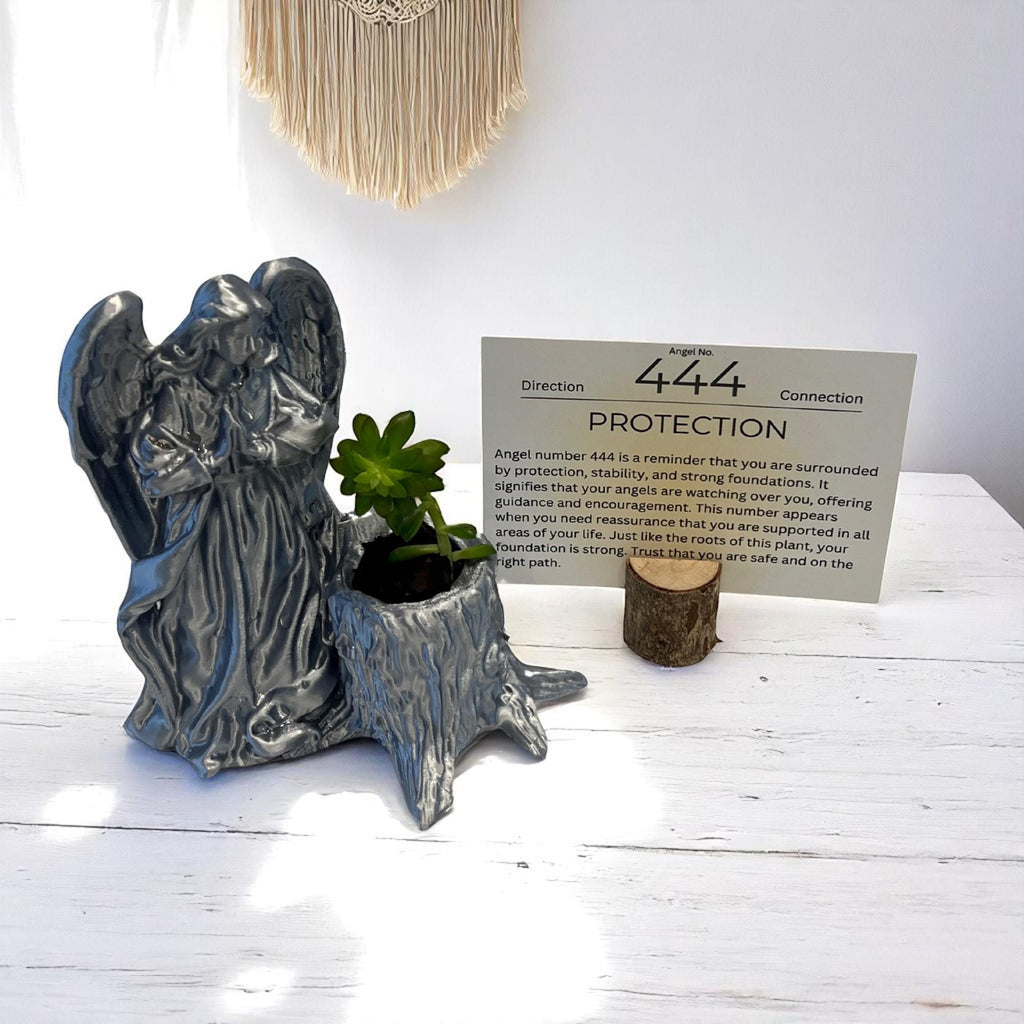 Silver Angel 444 Succulent Planter with Sedum Adolphi, Spiritual Protection and Guidance Gift - Winterberry Hearth